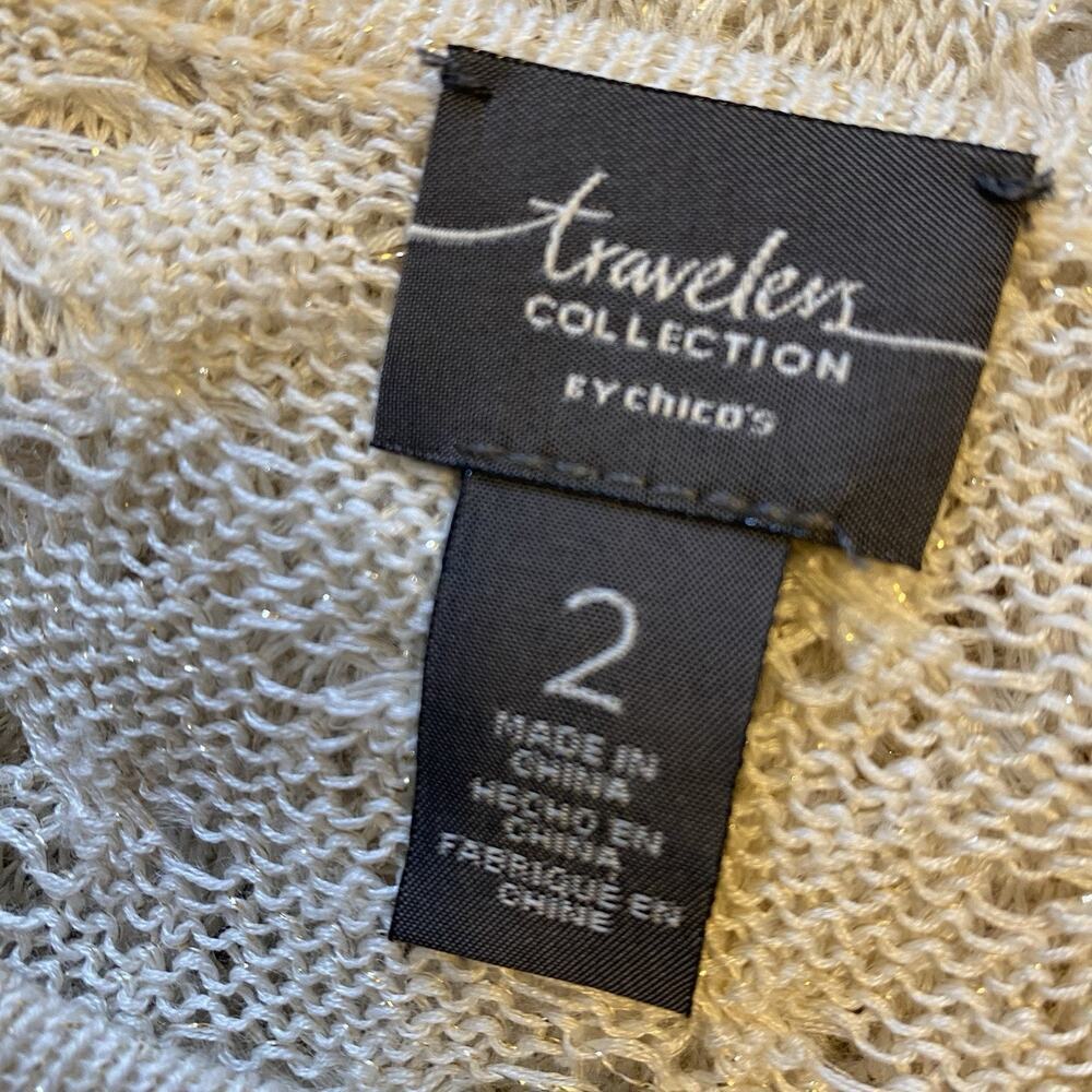 Chicos Travelers Open Knit Tunic Top Sz 2/M Ivory Silver Beach Largenlook Boho - Picture 3 of 8